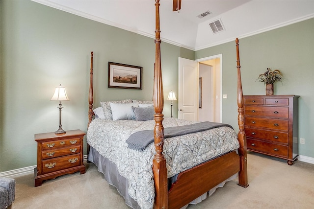 bedroom featuring a ceiling fan, baseboards, visible vents, and light carpet