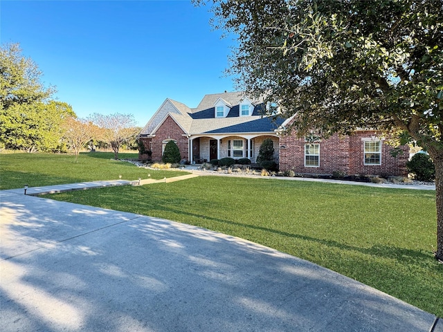 cape cod-style house with a front lawn and brick siding