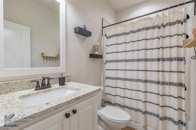 bathroom featuring toilet, vanity, and walk in shower