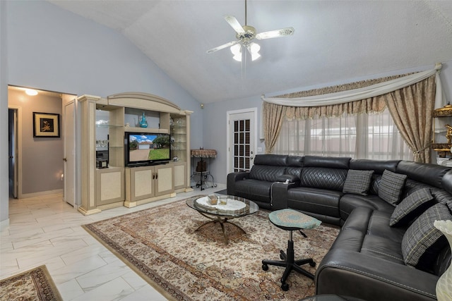 living room featuring lofted ceiling and ceiling fan