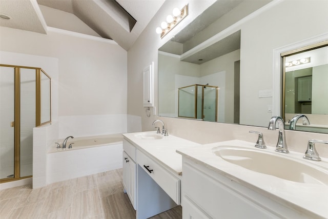 full bathroom with double vanity, a sink, a bath, and a shower stall