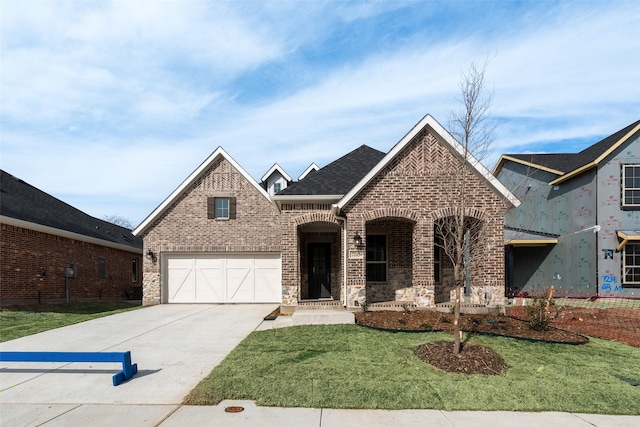 view of front of home with a garage and a front lawn