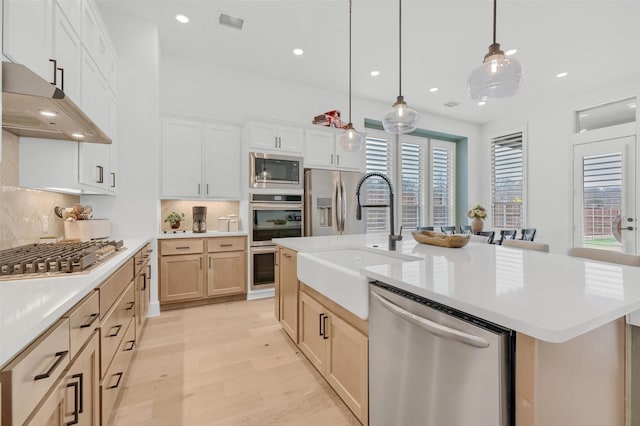 kitchen with tasteful backsplash, an island with sink, sink, hanging light fixtures, and stainless steel appliances