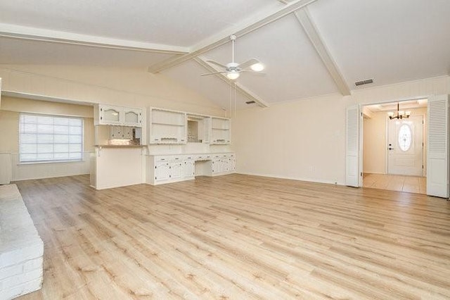 unfurnished living room with vaulted ceiling with beams, ceiling fan with notable chandelier, and light wood-type flooring