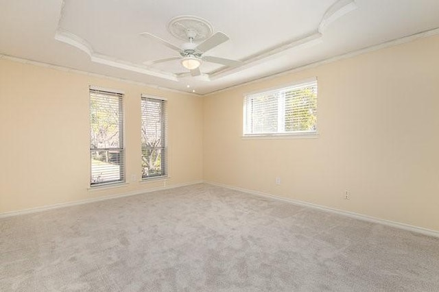 carpeted spare room with a tray ceiling, plenty of natural light, and ornamental molding