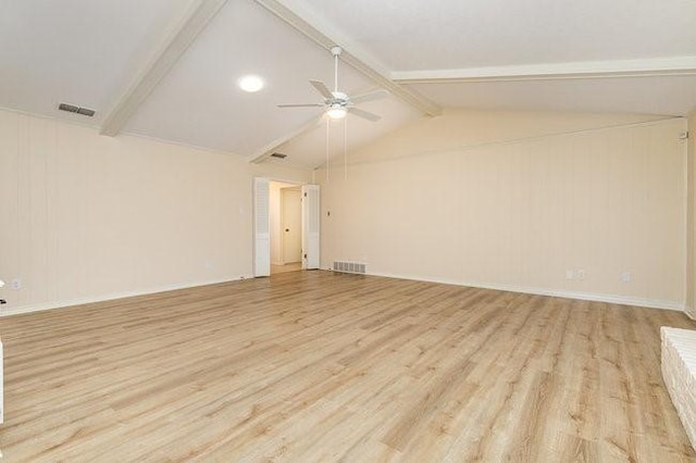 unfurnished room featuring vaulted ceiling with beams, light hardwood / wood-style floors, and ceiling fan