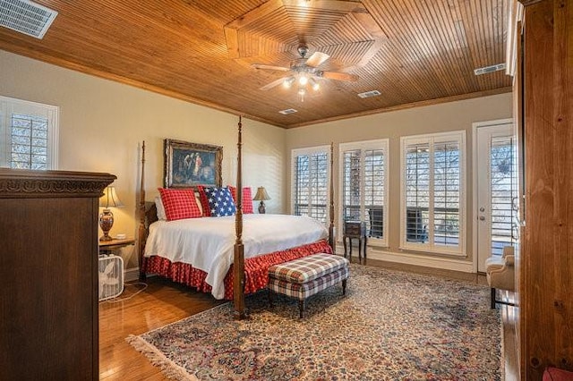 bedroom featuring crown molding, hardwood / wood-style flooring, and wooden ceiling