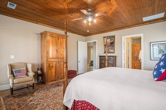 bedroom featuring hardwood / wood-style flooring, a skylight, and wooden ceiling