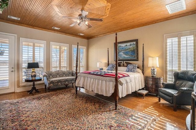 bedroom featuring wood ceiling, ceiling fan, wood-type flooring, and crown molding