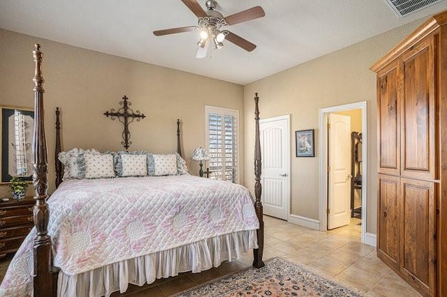 bedroom featuring ceiling fan and light tile patterned flooring