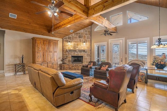 living room featuring a stone fireplace, high vaulted ceiling, wood ceiling, ceiling fan, and beam ceiling