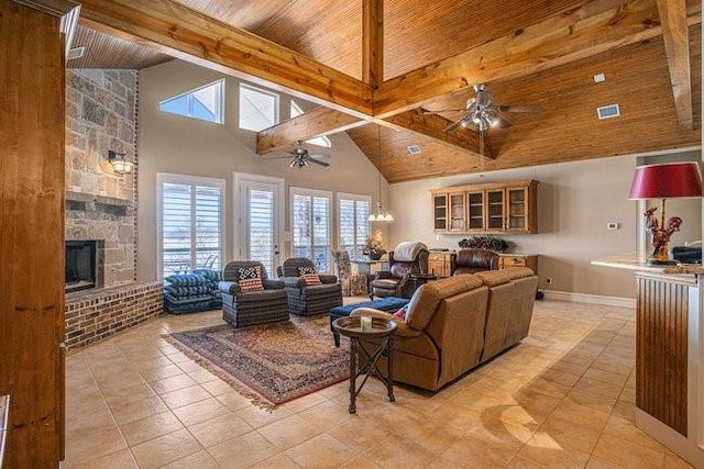 living room with ceiling fan, beam ceiling, high vaulted ceiling, a fireplace, and wooden ceiling