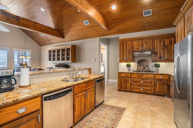 kitchen with sink, decorative light fixtures, appliances with stainless steel finishes, beam ceiling, and decorative backsplash