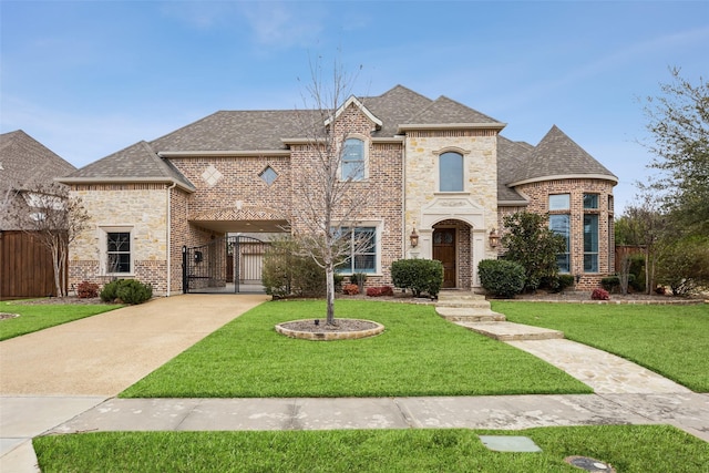 french country home featuring stone siding, a front yard, a gate, and a shingled roof