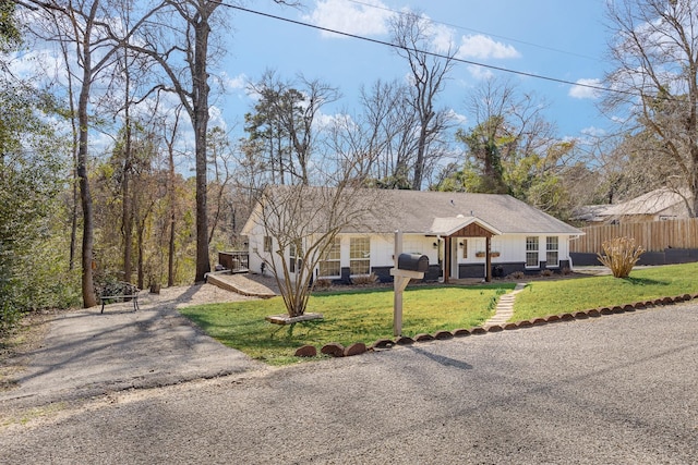 single story home with a front lawn