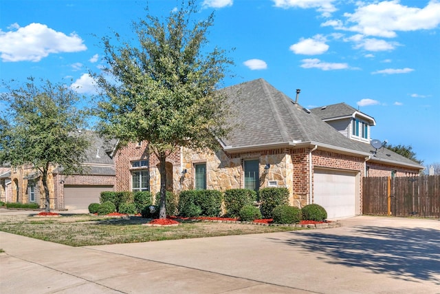 view of front of house featuring roof with shingles, brick siding, concrete driveway, fence, and stone siding