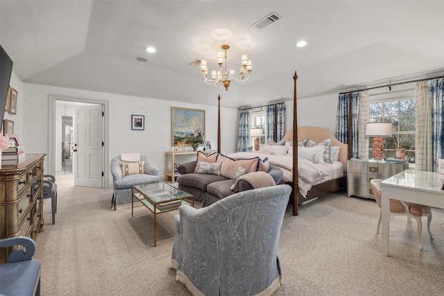 carpeted bedroom with a notable chandelier