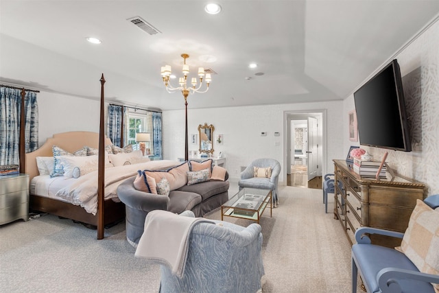 carpeted bedroom with a notable chandelier