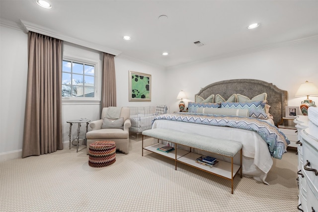 carpeted bedroom with ornamental molding