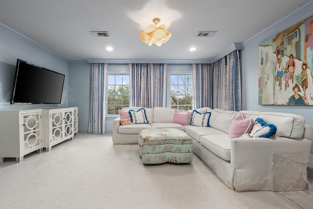 living room featuring crown molding and carpet