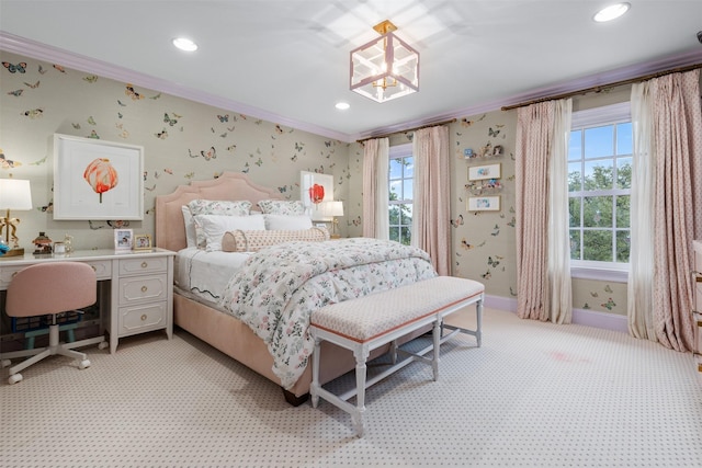 bedroom featuring light carpet and crown molding