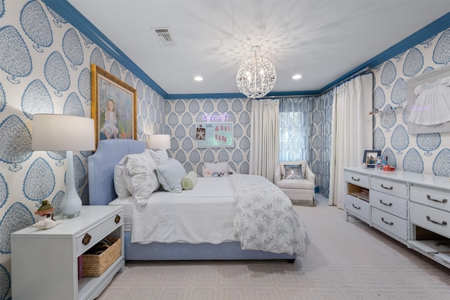 bedroom with ornamental molding and a notable chandelier