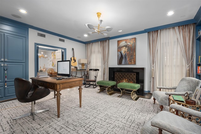 office area featuring crown molding and a chandelier