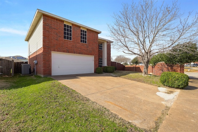 view of property exterior with cooling unit, a garage, and a yard