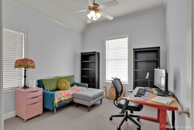 home office with crown molding, ceiling fan, and carpet