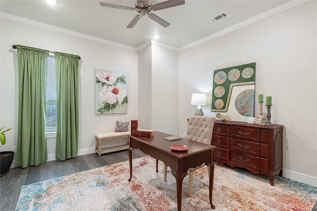 office space with dark hardwood / wood-style flooring, ornamental molding, and ceiling fan