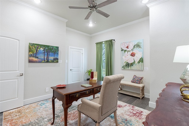 office with crown molding, dark hardwood / wood-style floors, and ceiling fan