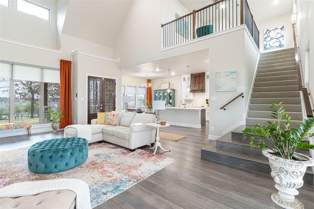 living room featuring dark hardwood / wood-style floors and a healthy amount of sunlight