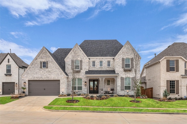 french country inspired facade with french doors, brick siding, concrete driveway, a garage, and a front lawn