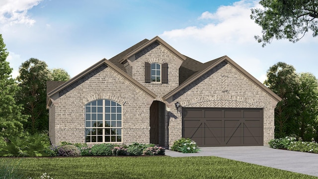 french country style house featuring a garage and a front yard