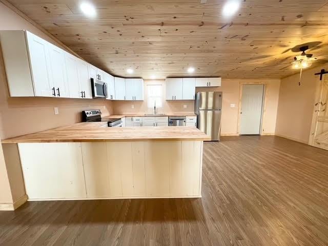 kitchen featuring white cabinetry, stainless steel appliances, kitchen peninsula, and dark wood-type flooring