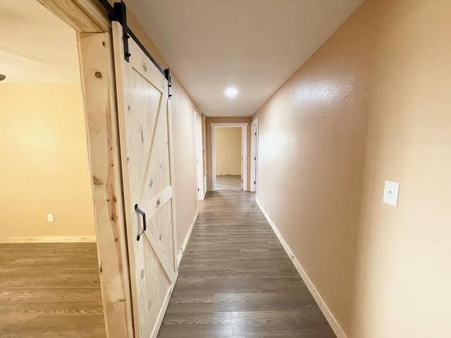 hallway with a barn door and dark hardwood / wood-style flooring