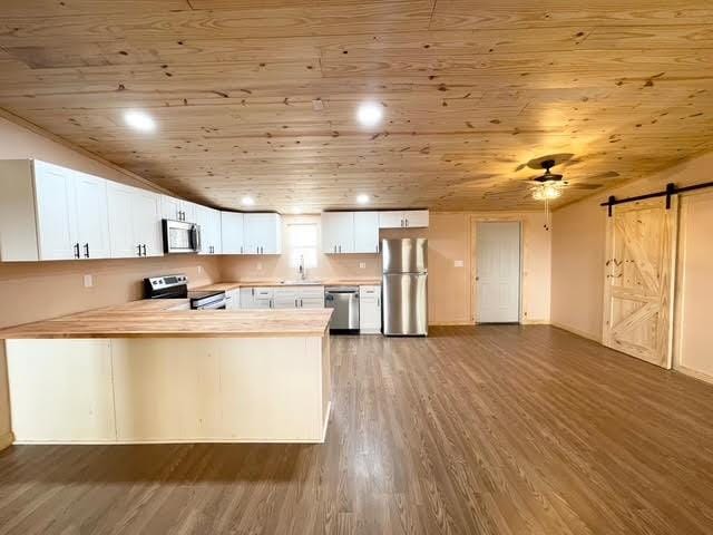 kitchen featuring appliances with stainless steel finishes, white cabinets, dark hardwood / wood-style flooring, kitchen peninsula, and a barn door