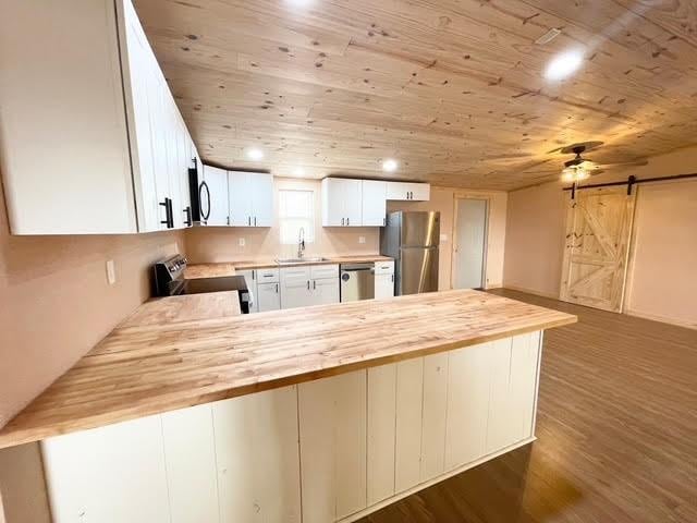 kitchen featuring appliances with stainless steel finishes, a barn door, kitchen peninsula, and white cabinets