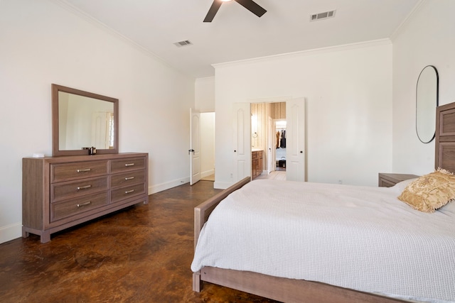 bedroom featuring crown molding, ensuite bath, and ceiling fan