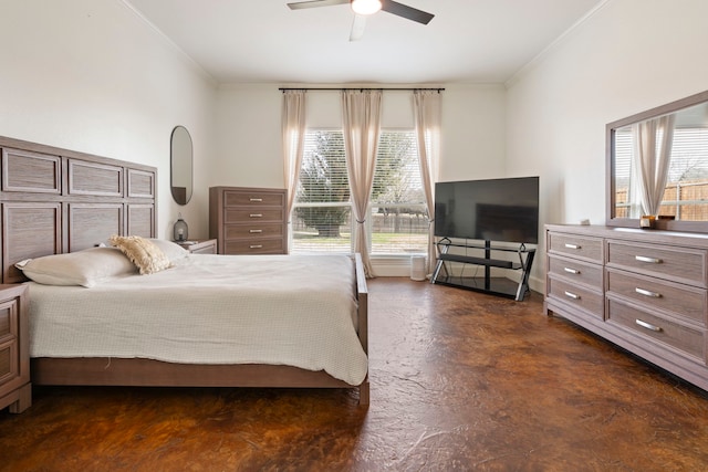 bedroom featuring ornamental molding and ceiling fan