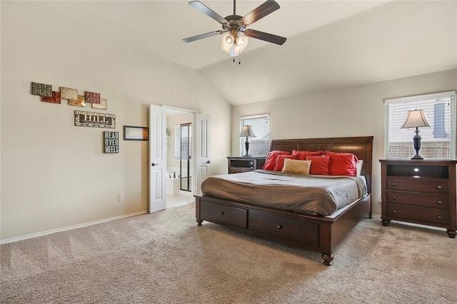 carpeted bedroom with vaulted ceiling and ceiling fan