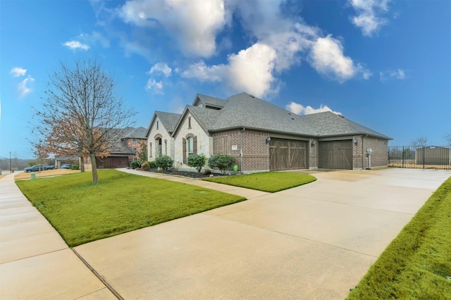 view of front of property with a front yard and a garage