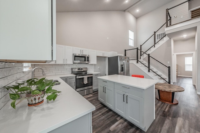 1908 Amanda Ave, Fort Worth, TX 76105 - kitchen featuring appliances with stainless steel finishes, high vaulted ceiling, light countertops, dark wood finished floors, and tasteful backsplash