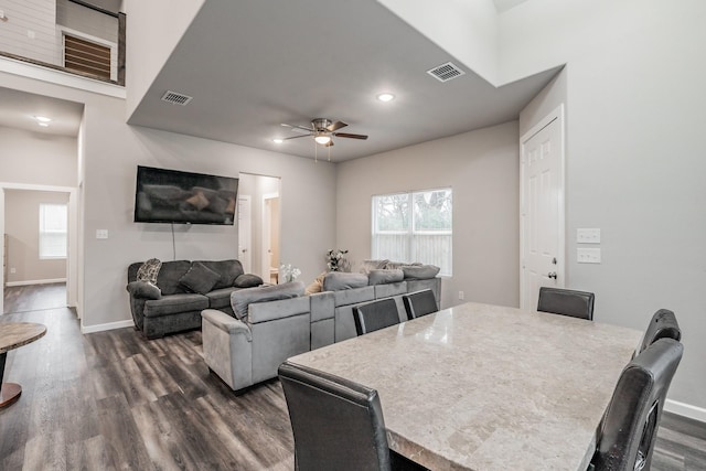 1908 Amanda Ave, Fort Worth, TX 76105 - dining space featuring dark wood-type flooring, ceiling fan, baseboards, and recessed lighting