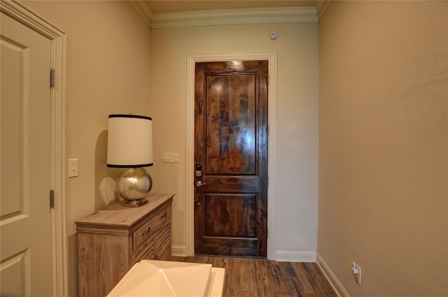 interior space with dark hardwood / wood-style flooring and crown molding