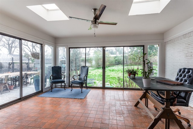 sunroom / solarium featuring plenty of natural light, a skylight, and a ceiling fan