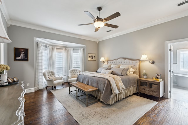 bedroom with crown molding, dark hardwood / wood-style floors, and multiple windows