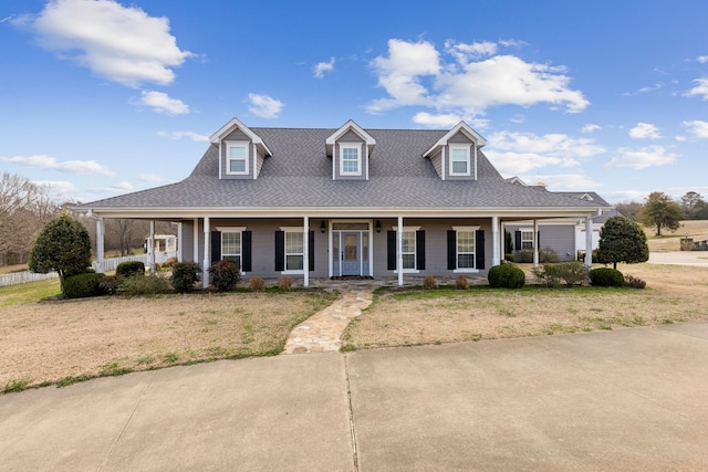 view of front of home featuring covered porch and a front lawn