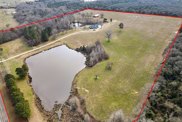 aerial view featuring a water view and a rural view