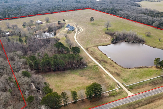 drone / aerial view with a water view and a rural view